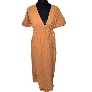 URBAN Romantics Tan Midi Wrap Dress with Pockets